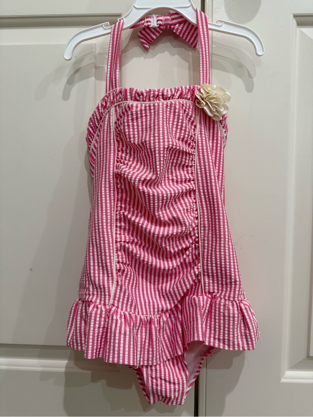 Janie and Jack Pink  and White Striped Ruffled One-Piece Swimsuit with Flower